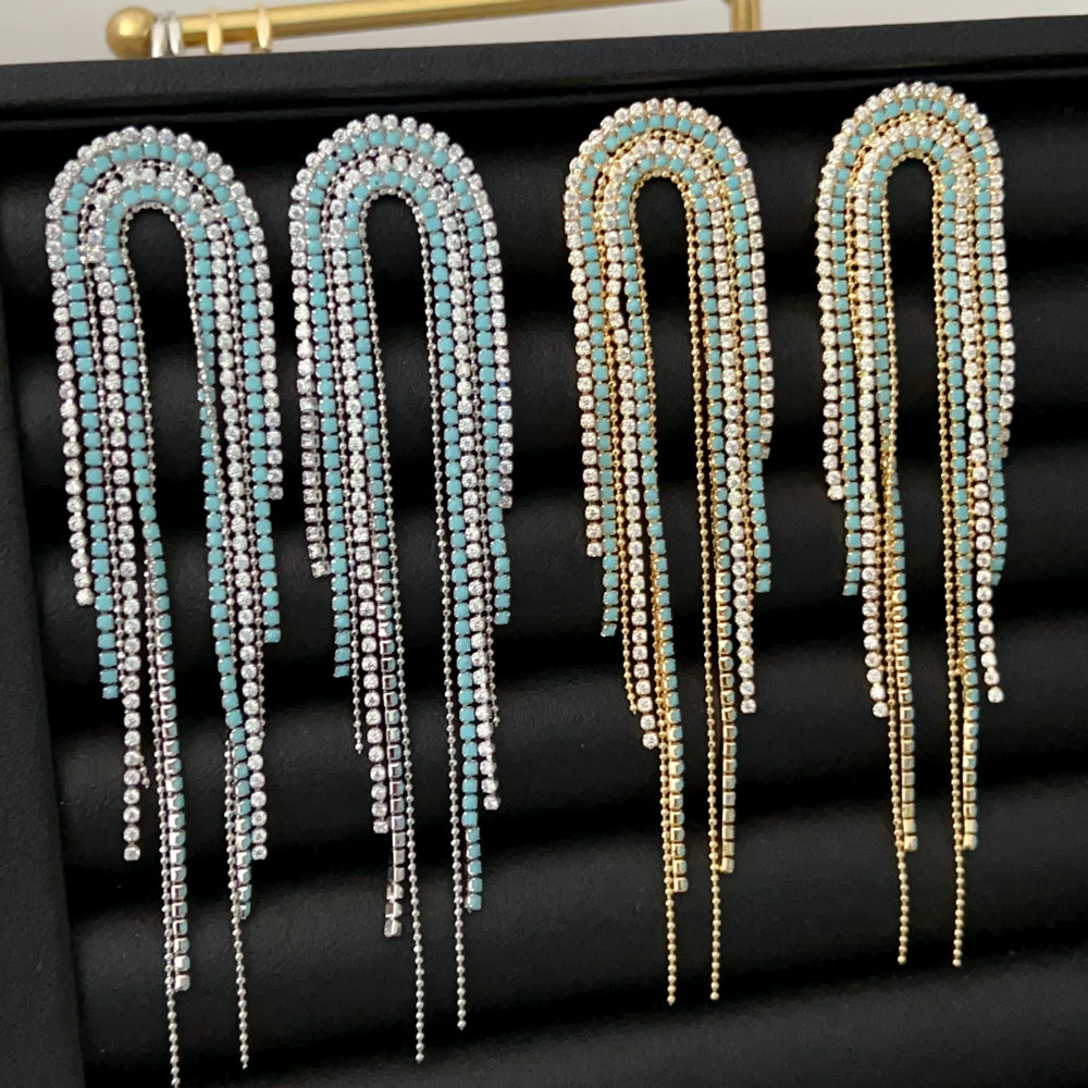 Crystal blue stone tassel earrings