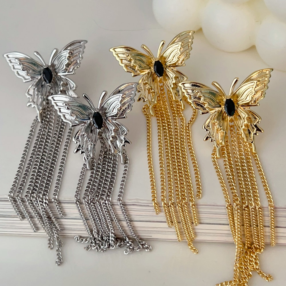 Chain tassel butterfly earrings