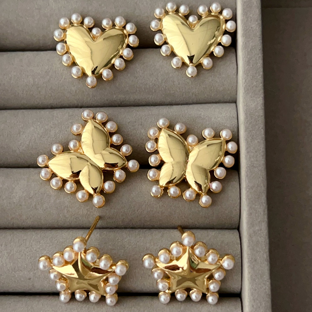 Pearl metal star butterfly earrings