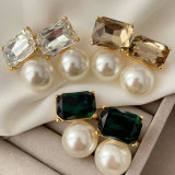 Pearl drop square crystal earrings