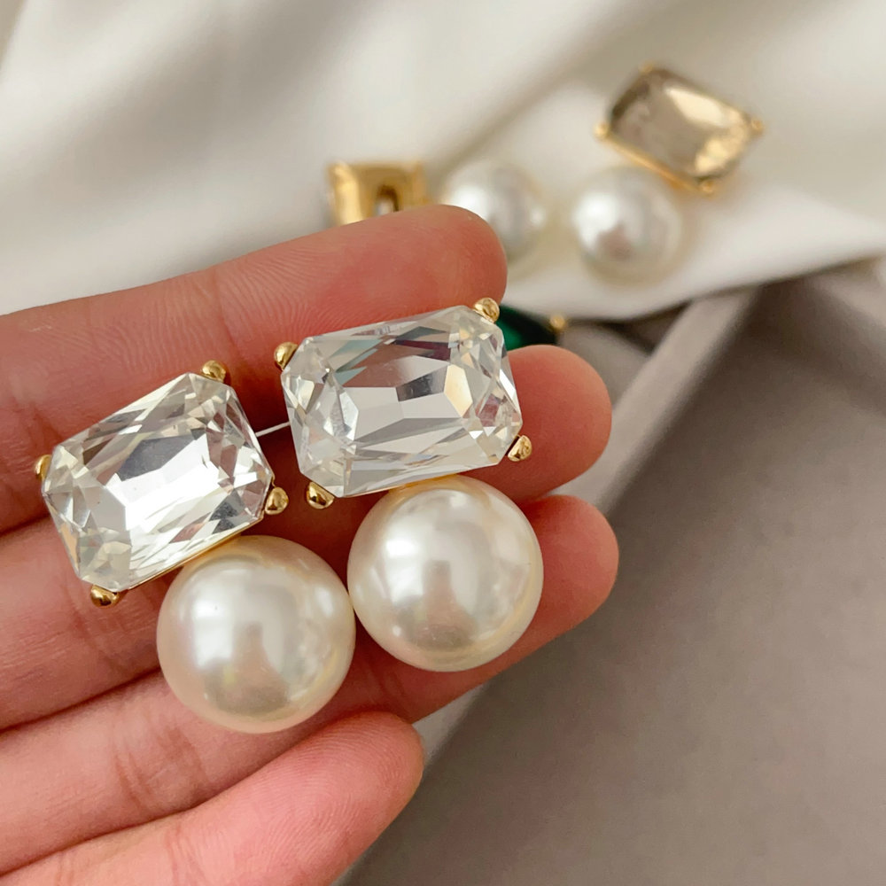 Pearl drop square crystal earrings