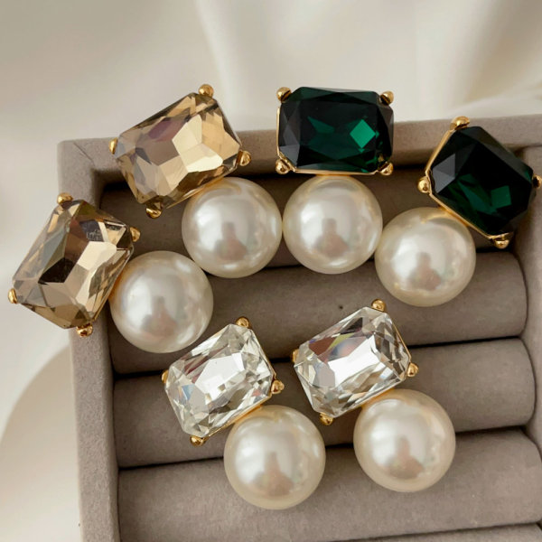 Pearl drop square crystal earrings