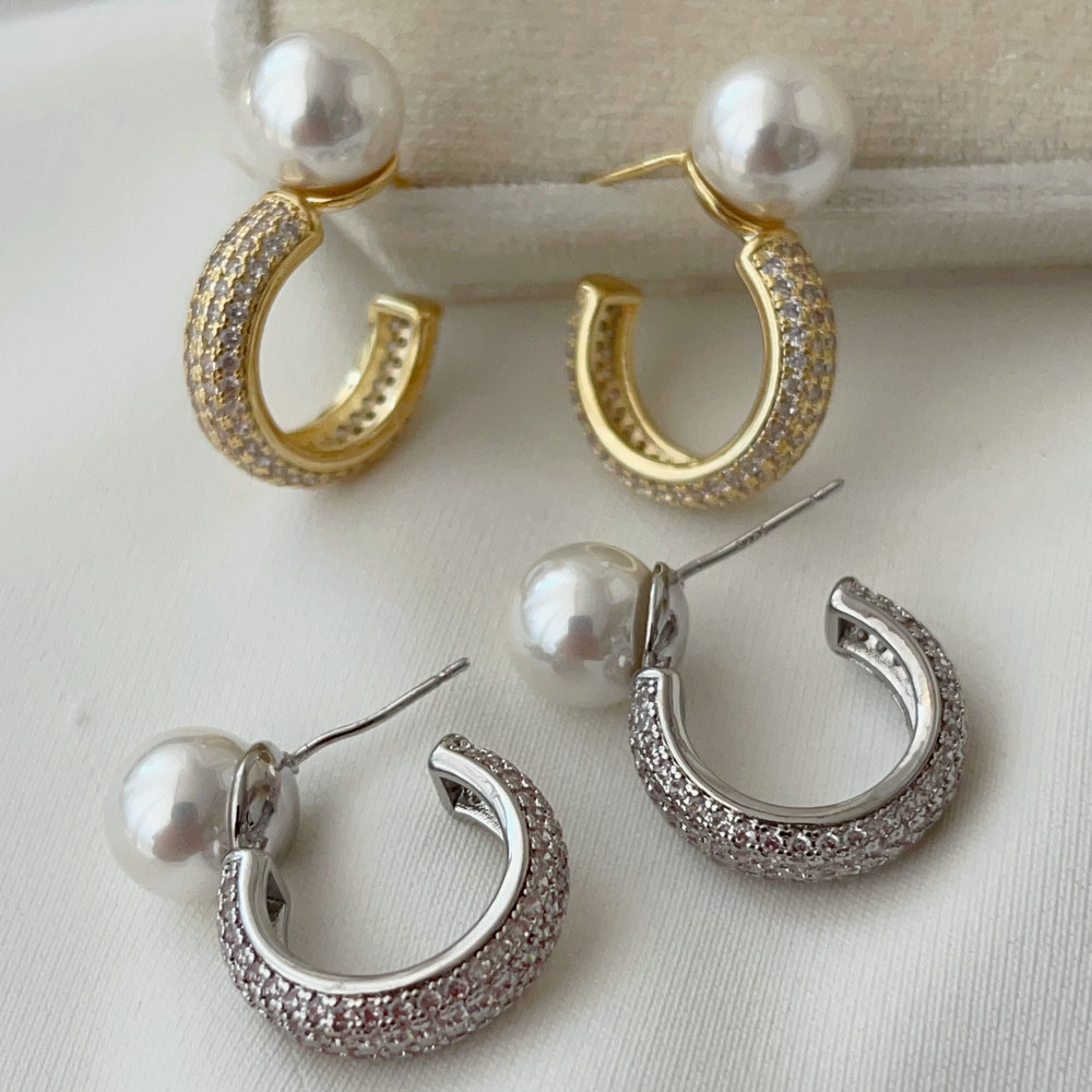 Pave zircon pearl earrings