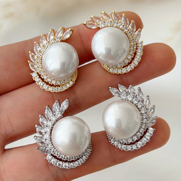 Pave leaf pearl earrings