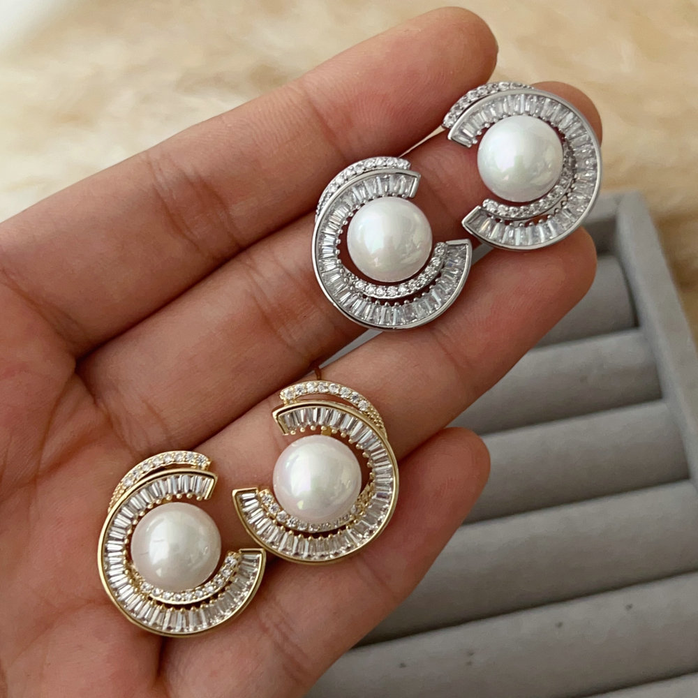 Pave zircon moon pearl earrings