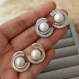 Pave zircon moon pearl earrings