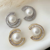 Pave zircon moon pearl earrings
