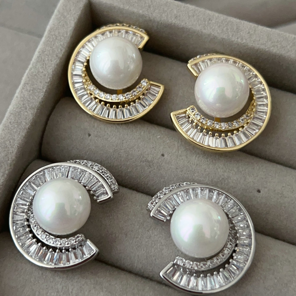 Pave zircon moon pearl earrings