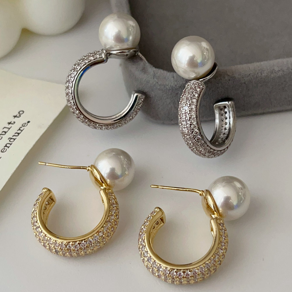 Pave zircon pearl earrings