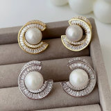 Pave zircon moon pearl earrings