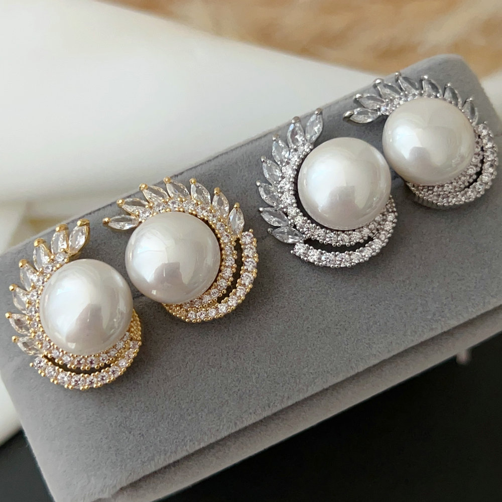 Pave leaf pearl earrings