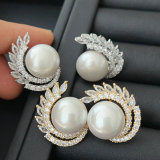 Pave leaf pearl earrings