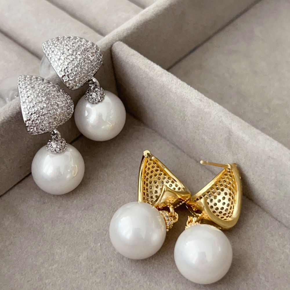 Pave triangle pearl earrings