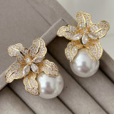 Pave flower big pearl earrings