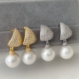 Pave triangle pearl earrings