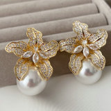 Pave flower big pearl earrings