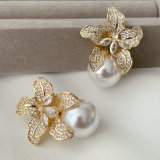 Pave flower big pearl earrings