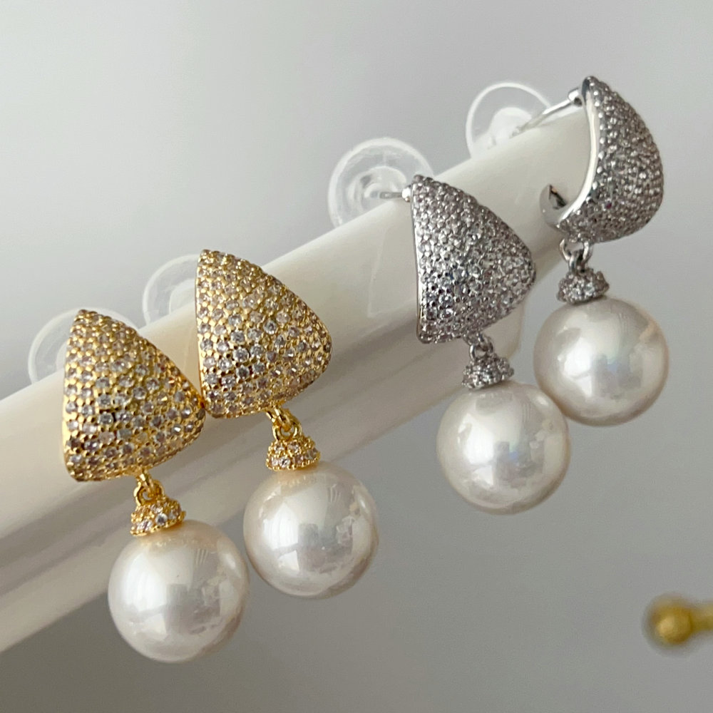Pave triangle pearl earrings