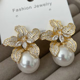 Pave flower big pearl earrings