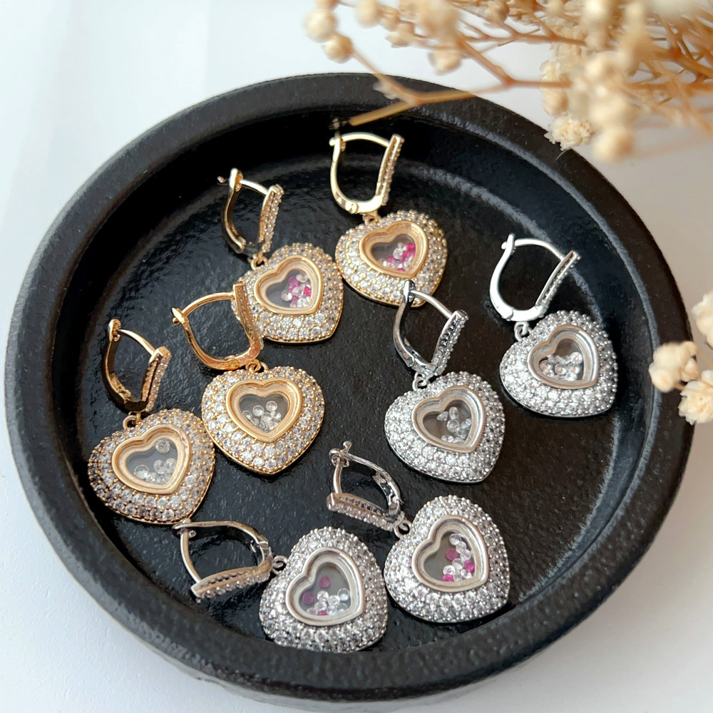 Pave heart drop earrings