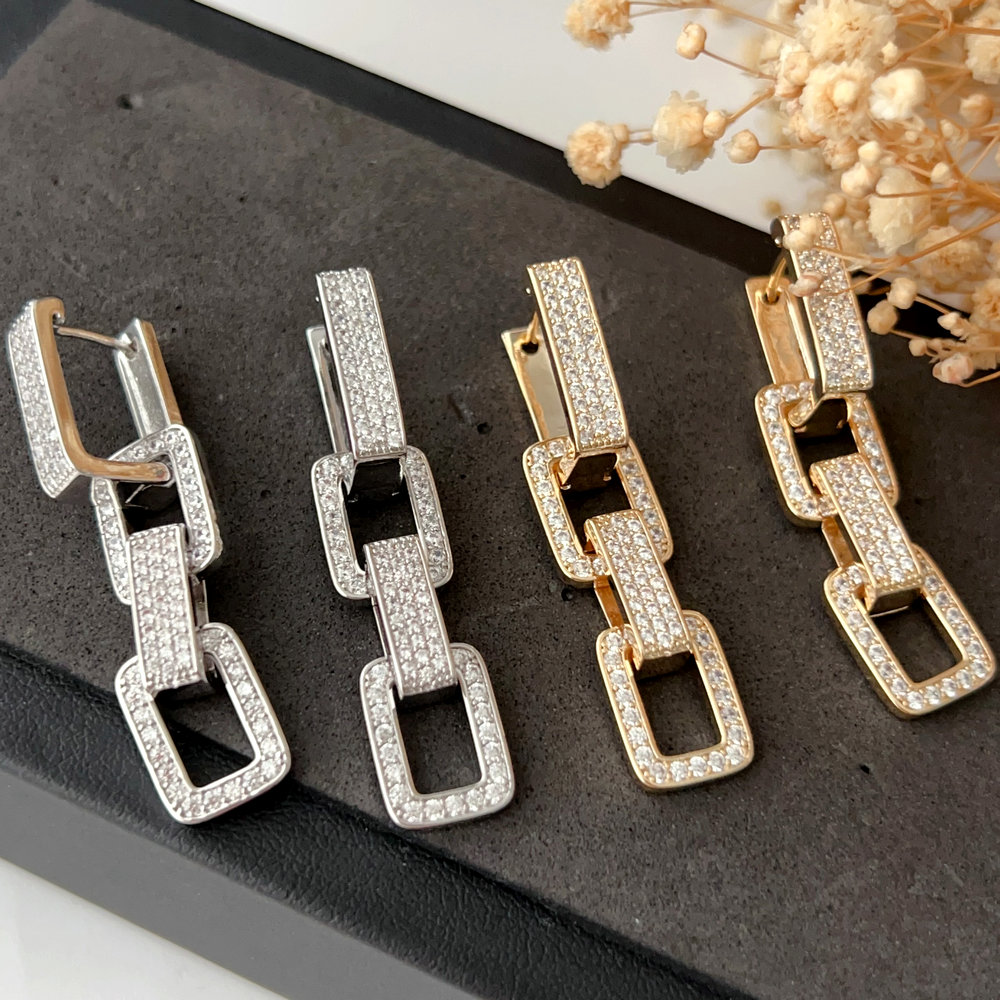 Pave zircon chain long earrings