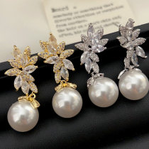 Pave leaf flower pearl earrings
