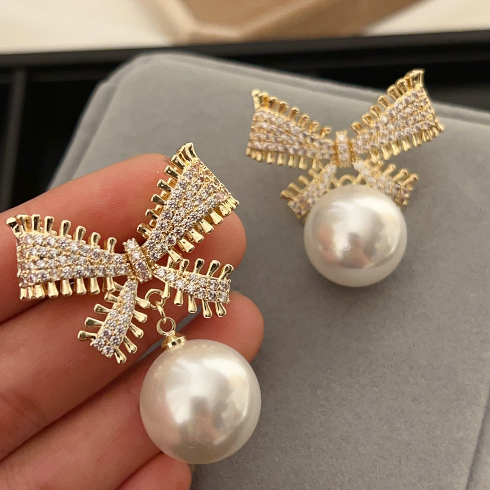 Pave zircon bow pearl earrings