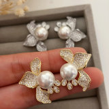 Pave flower pearl earrings