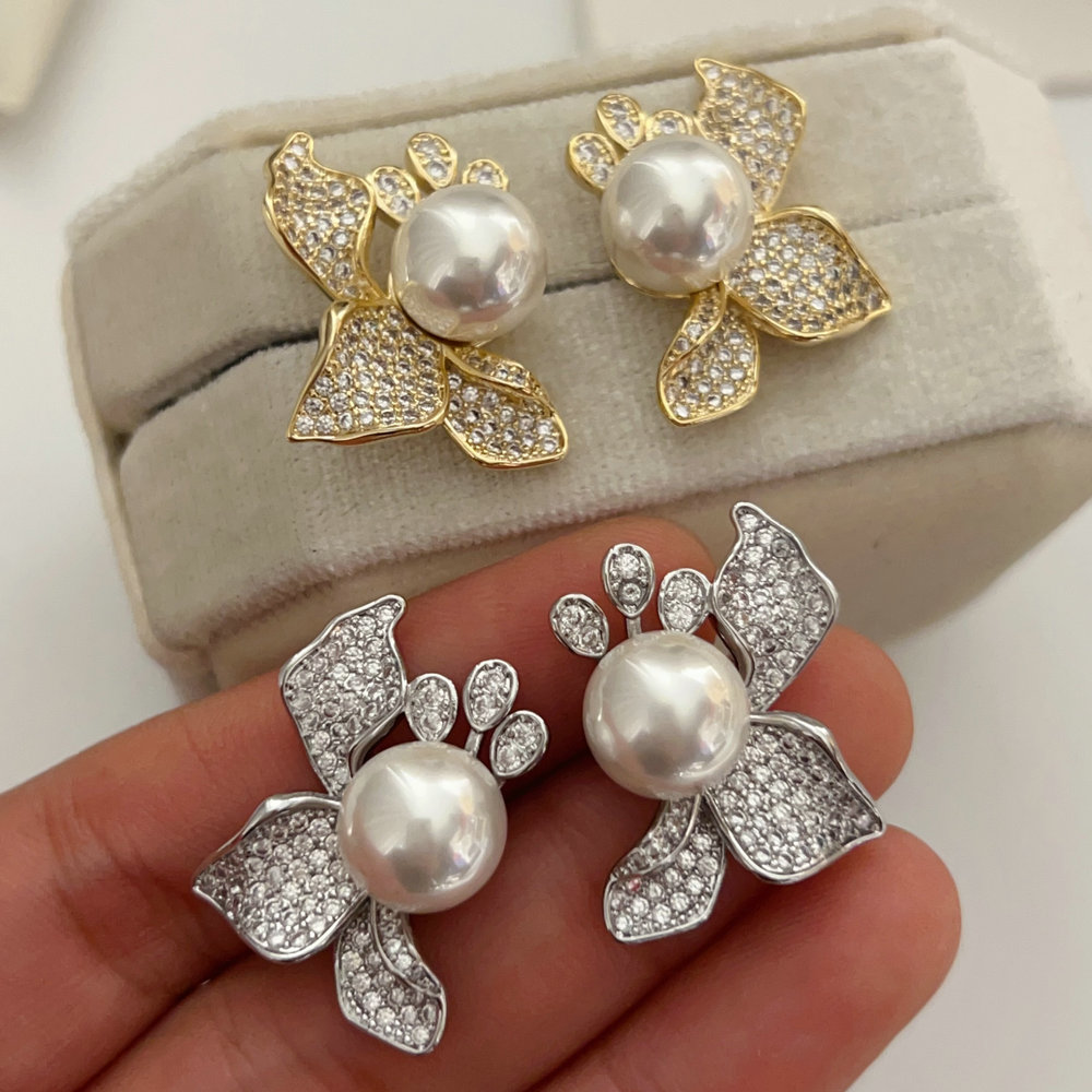 Pave flower pearl earrings