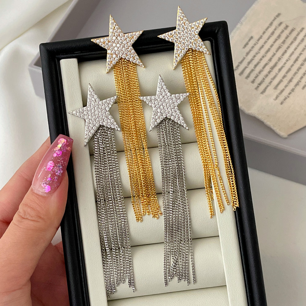 Pave long star chain earrings