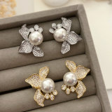 Pave flower pearl earrings