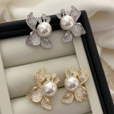 Pave flower pearl earrings