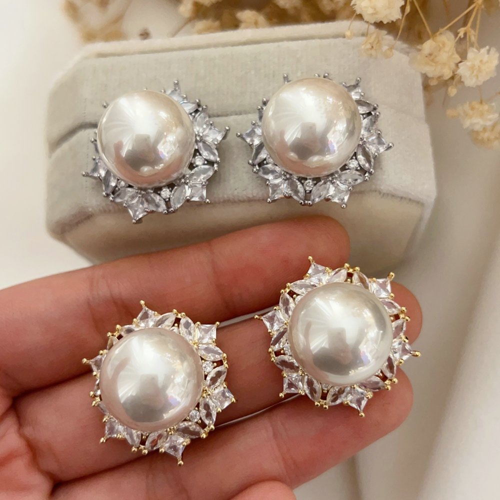 Pave flower pearl earrings