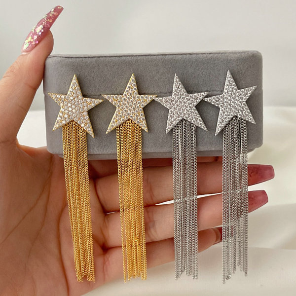 Pave long star chain earrings