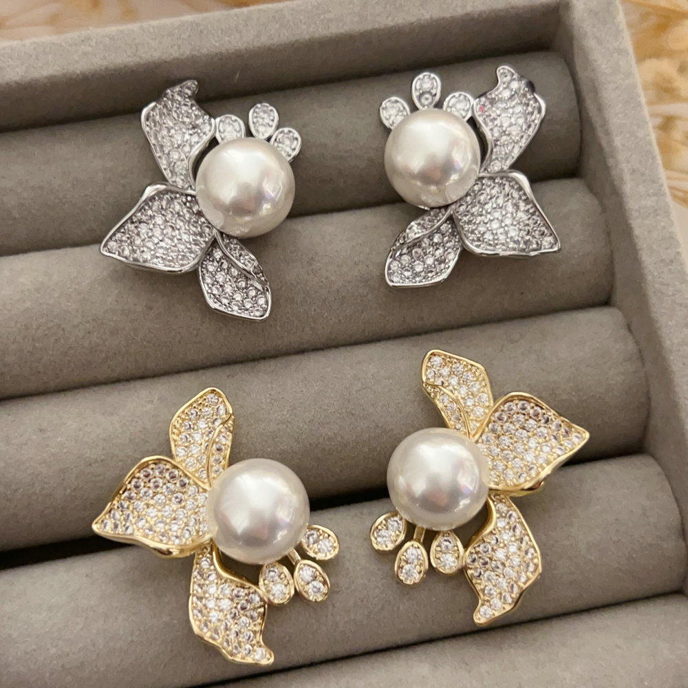 Pave flower pearl earrings