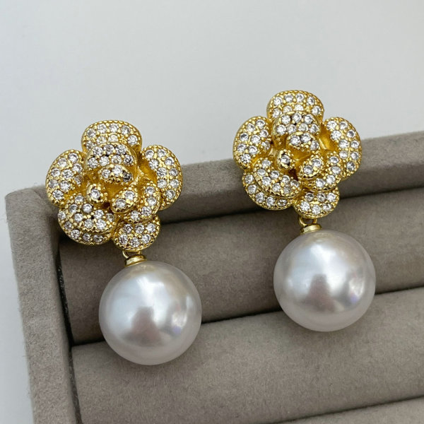 Pave rose flower earrings