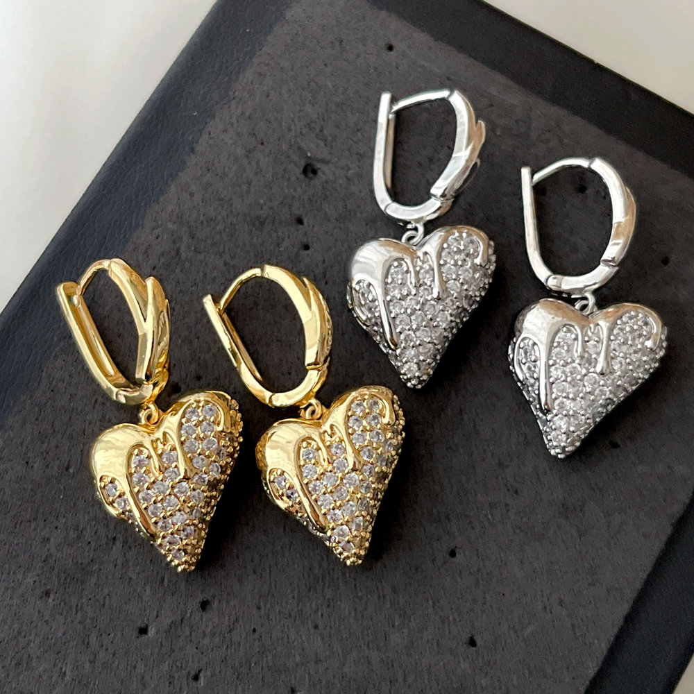 Pave heart charm earrings
