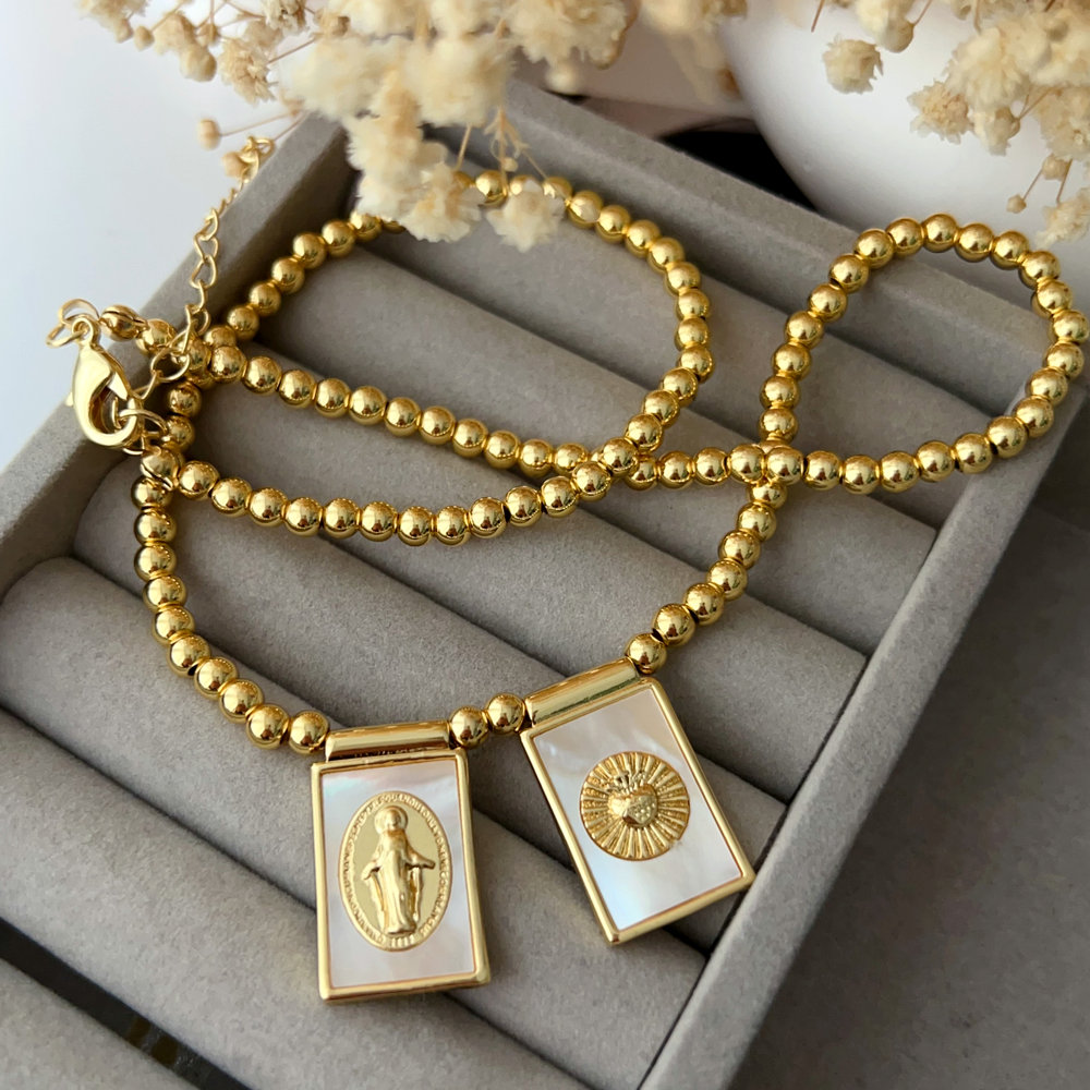 Gold bead with square charm necklace