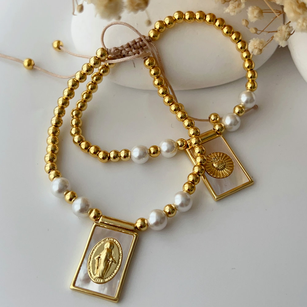 Square charm brass bead bracelet