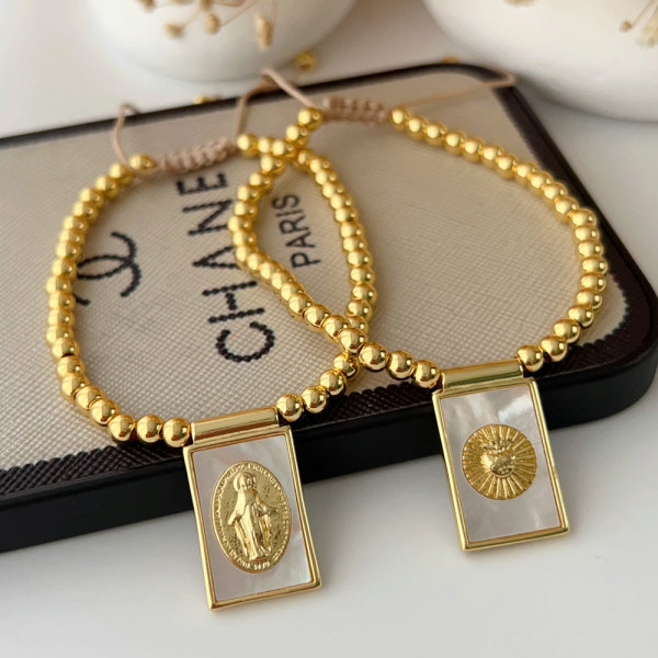 Square religious charm gold bead bracelet