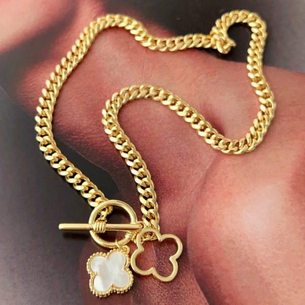 Cuban chain necklace with clover charm 45cm