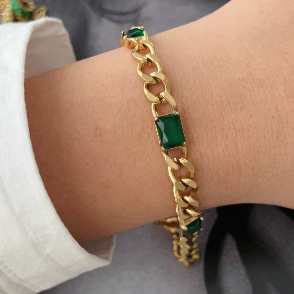 Stainless steel green cuban chain bracelet