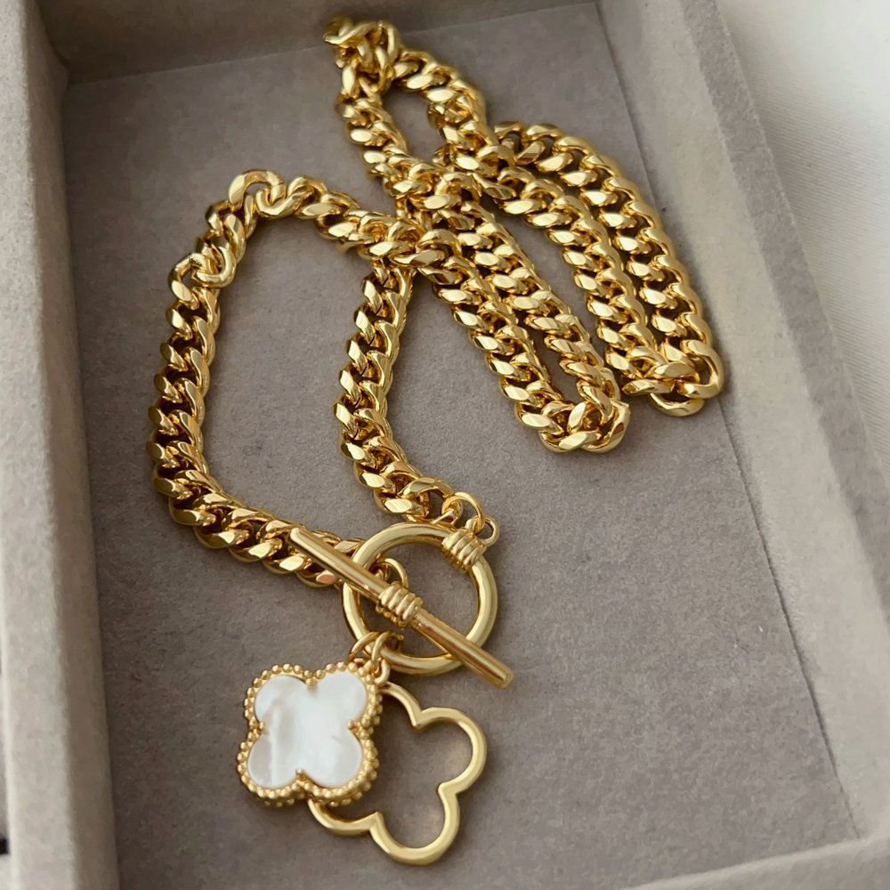 Cuban chain necklace with clover charm 45cm