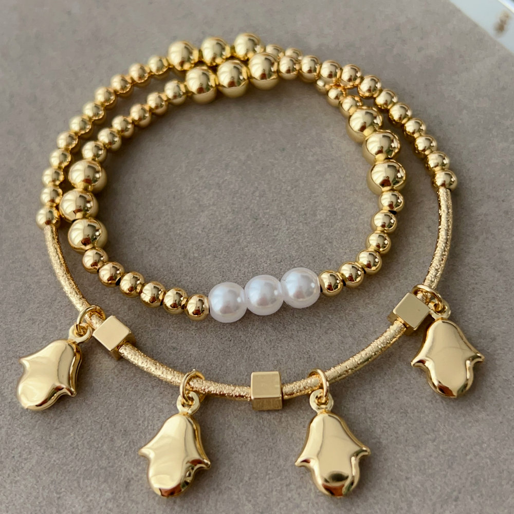 Brass bead bracelet with hand charm