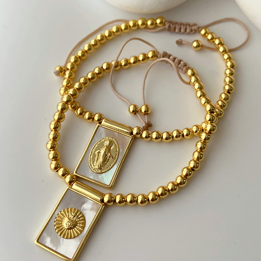 Square religious charm gold bead bracelet