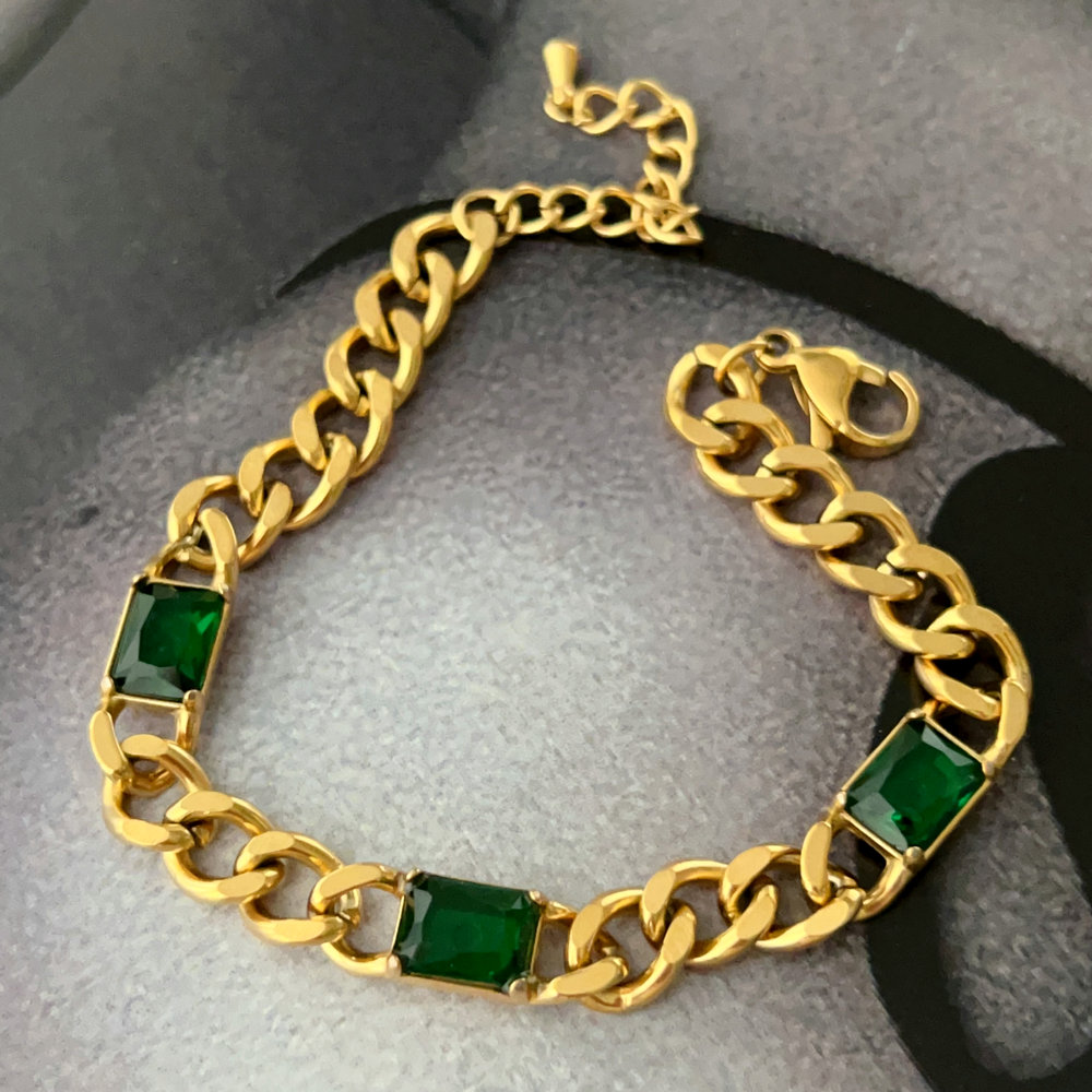 Stainless steel green cuban chain bracelet