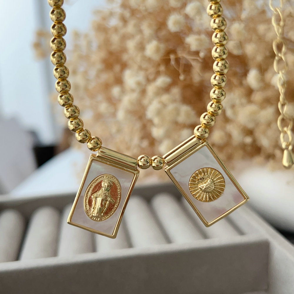 Gold bead with square charm necklace