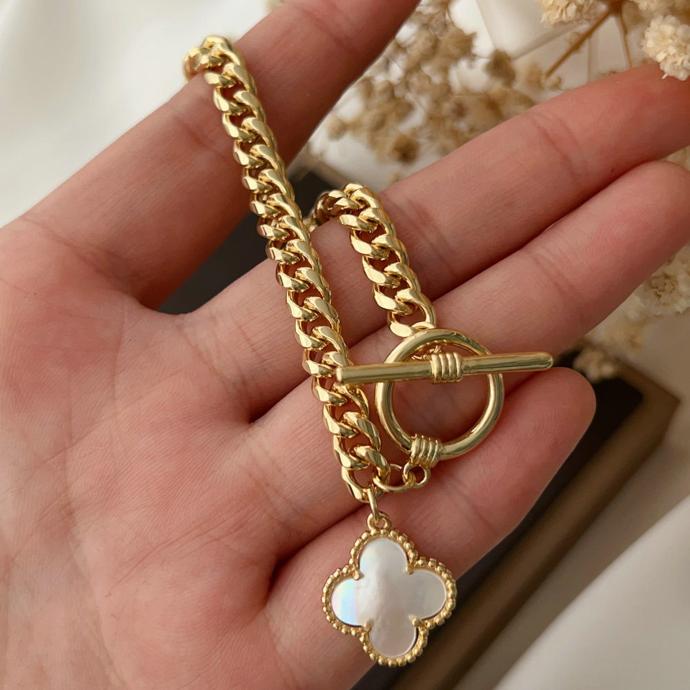 Cuban chain bracelet with clover charm 7.8inch