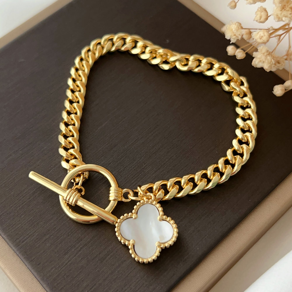 Cuban chain bracelet with clover charm 7.8inch