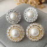 Pave zircon round pearl earrings